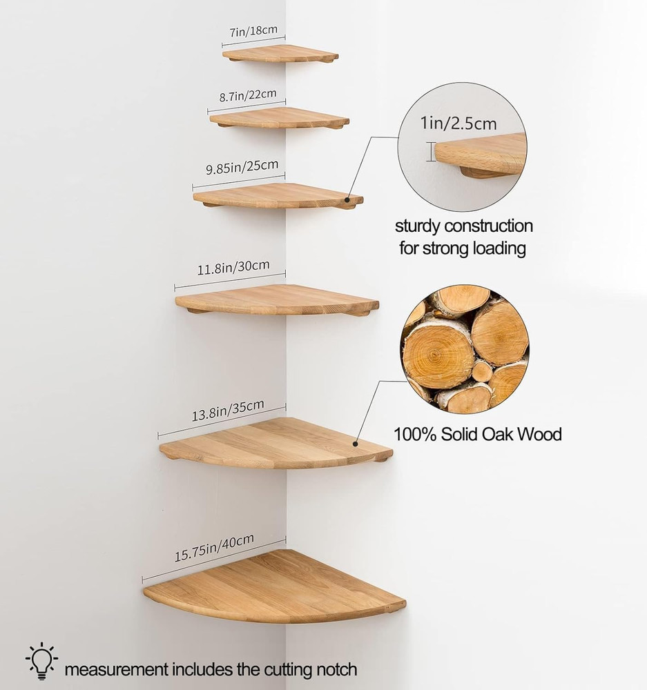 Corner Shelf, 7Inch Solid Oak Wood Floating Corner Shelf Wall Mount round End Fl