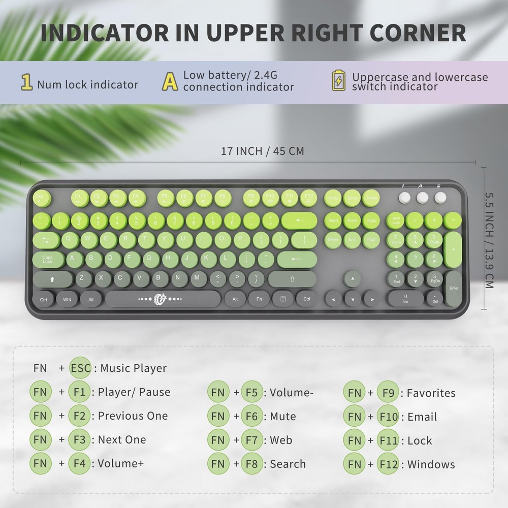 Grey Green Gradient Wireless Keyboard Mouse Combo 2.4GHz Retro USB Receiver