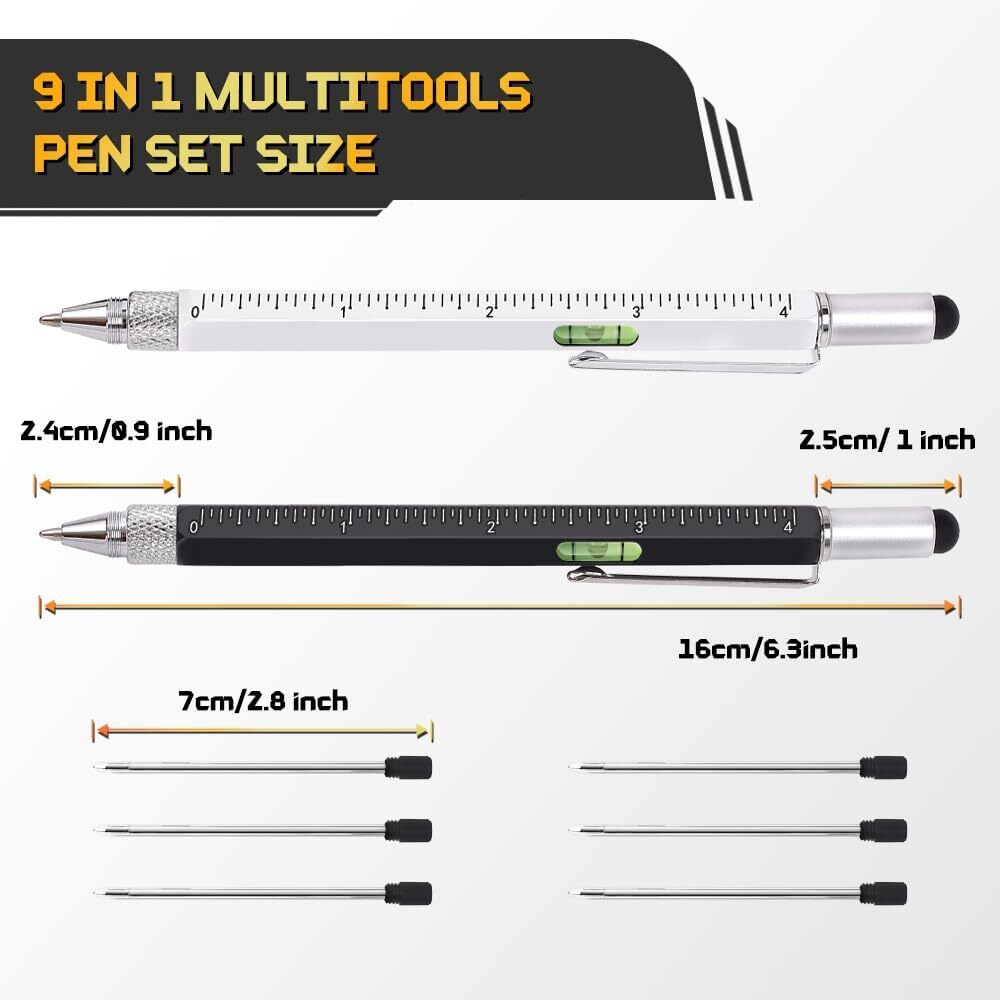 9-in-1 Multitool Pen 2-Pack + 6 Refills – Stocking Stuffers for Men Gift