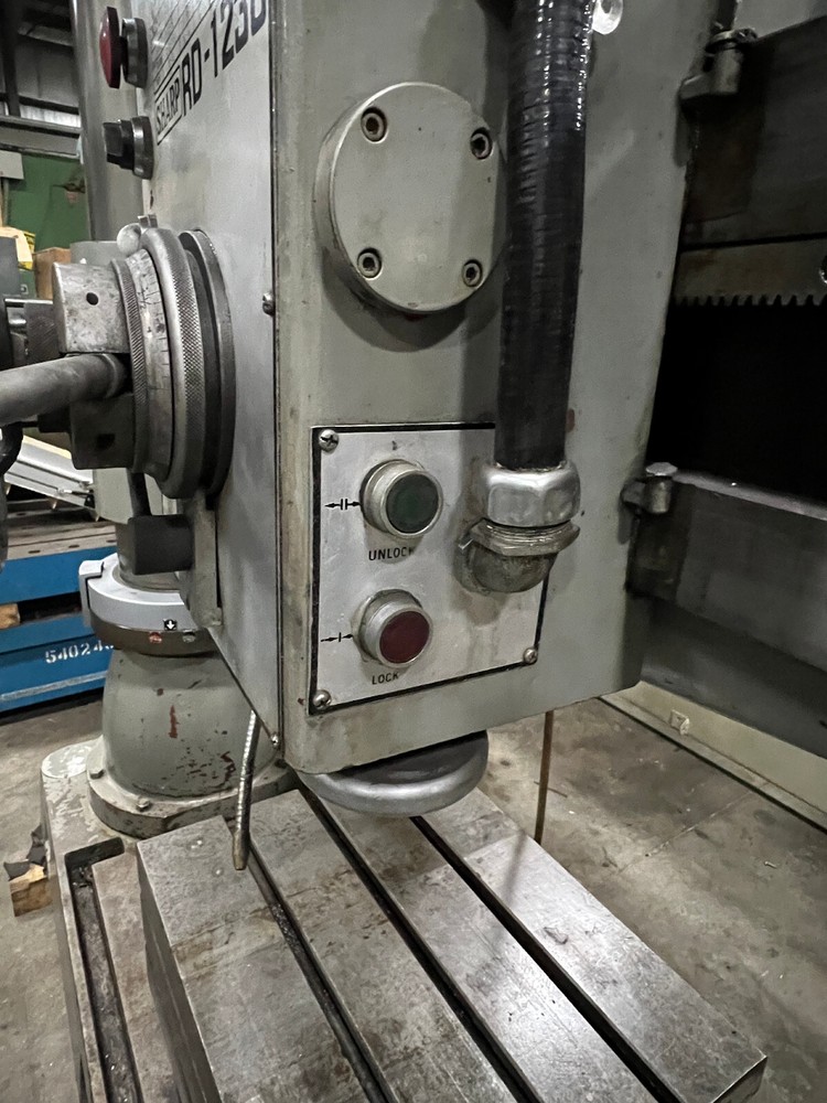 SHARP INDUSTRIES RADIAL ARM DRILL, MODEL RD-1230, 11" COLUMN DIA., 4' ARM, 2 HP