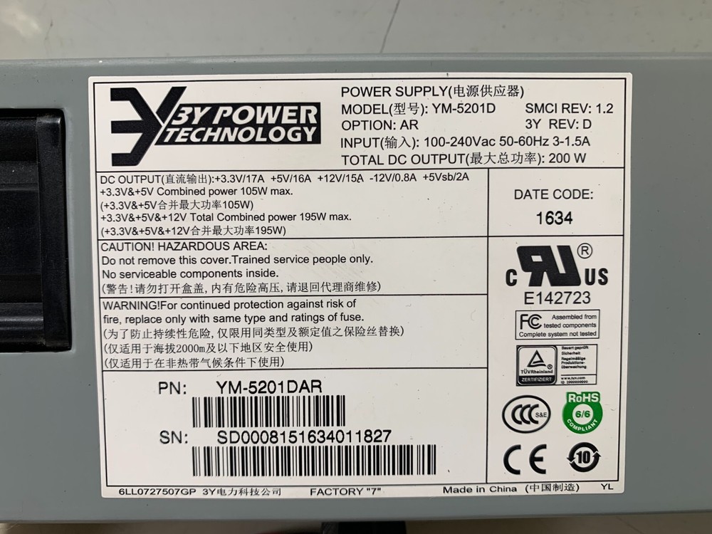 3Y POWER TECHNOLOGY YM-5201D AR 200W SUPERMICRO SERVER POWER SUPPLY MODULE