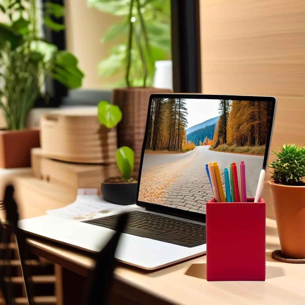 UnionBasic Square Pen Holder, Leather Pencil Cup, Desktop Caddy Red