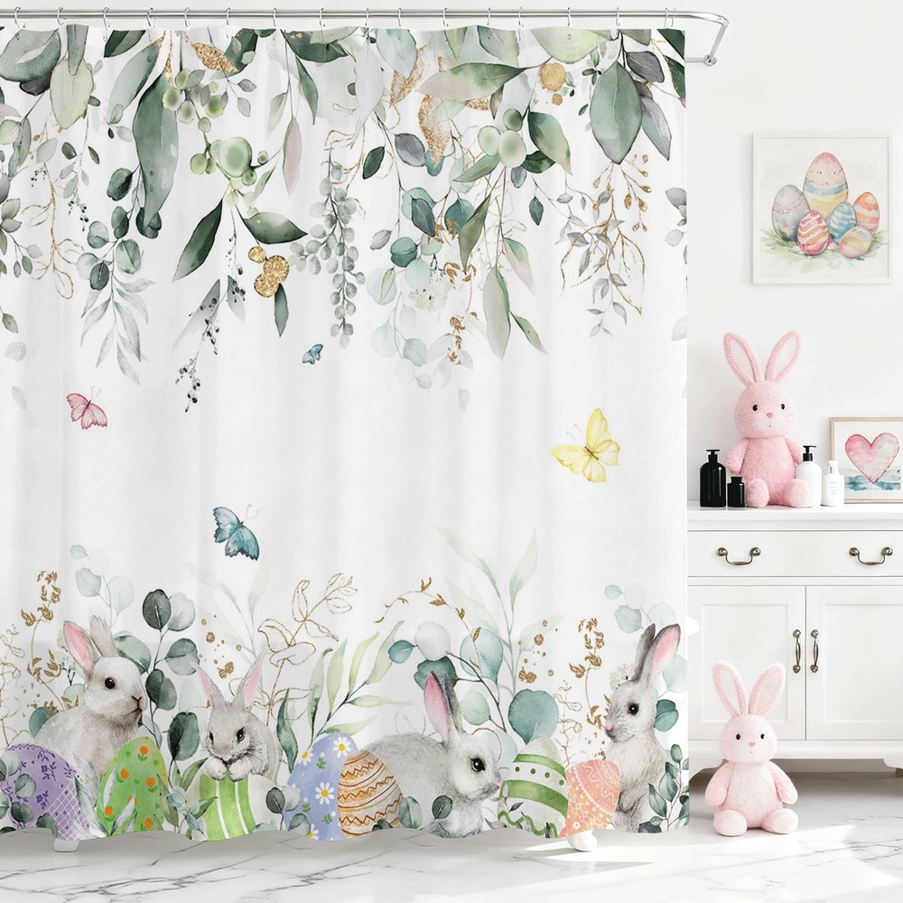 Spring Easter Shower Curtain for Bathroom Happy Easter Bunny Green Eucalyptus Sh