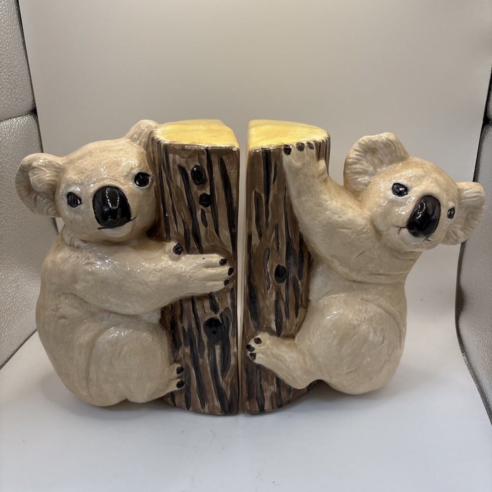 Vintage 1982 Ceramic Koala Bear Bookends Climbing Tree Australian 9” Tall Read