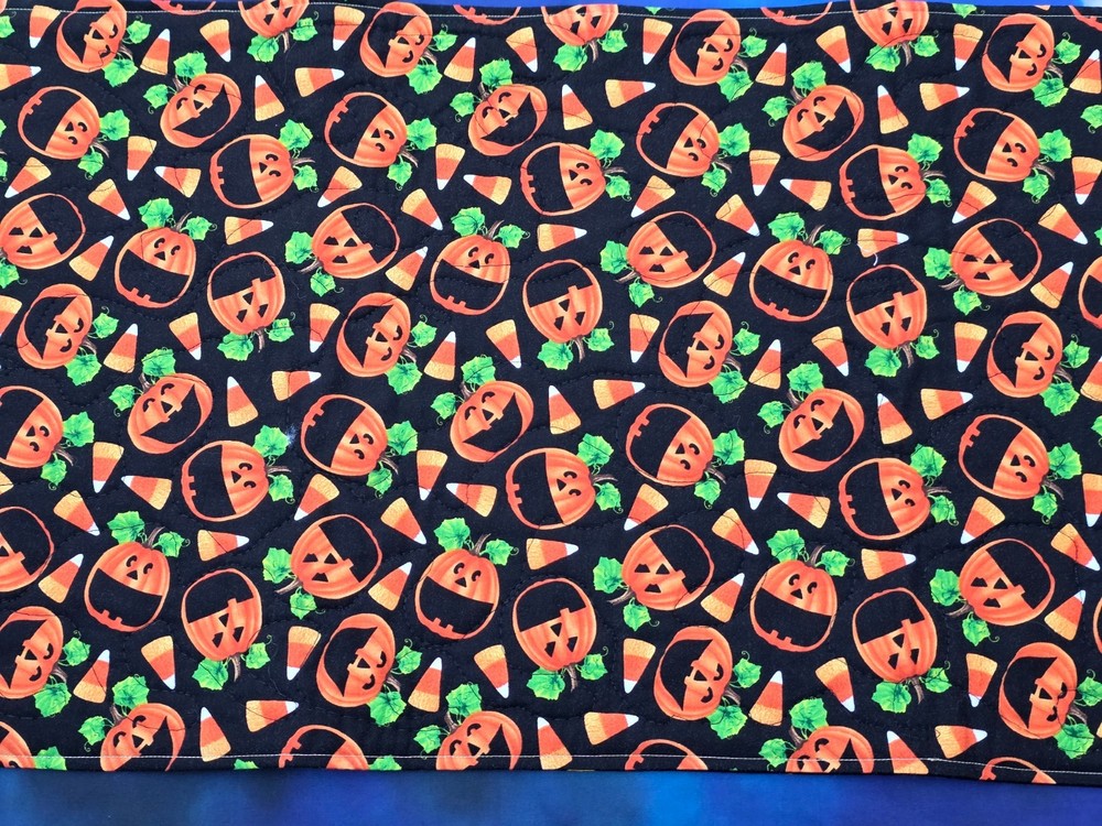 Handmade Quilted Table Runner Halloween Pumpkins candy corn fall reversible