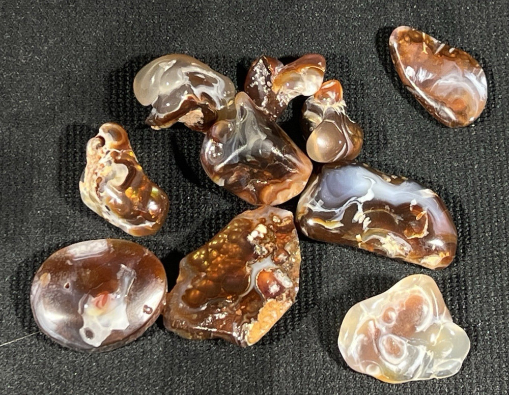 Fire Agate Polished 75.4 g 10 in lot Mexico, some fire/patterns, need work