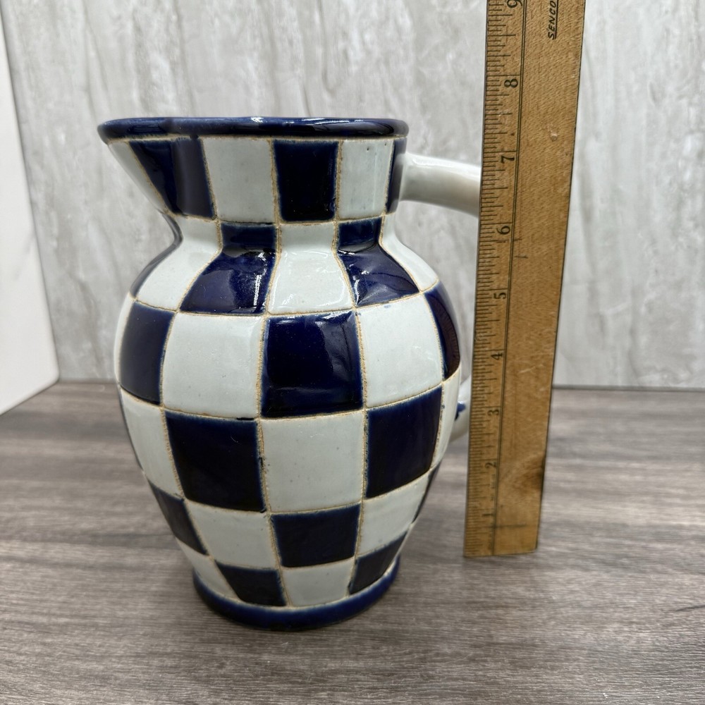 Handmade Ceramic Checkered Pitcher – Cottage Core Style – Signed, 7.5” Tall
