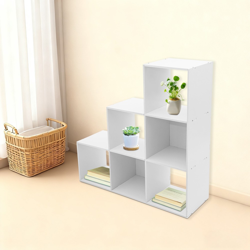 6-cube L-shaped Storage Bookcase Freestanding L-shaped Stepped Bookcase White