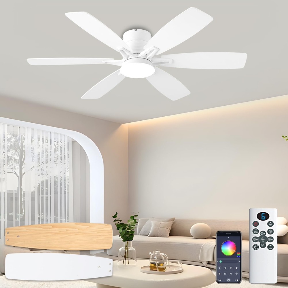 52inch White Ceiling Fans with Lights and Remote/App Control, Low Profile Cei...