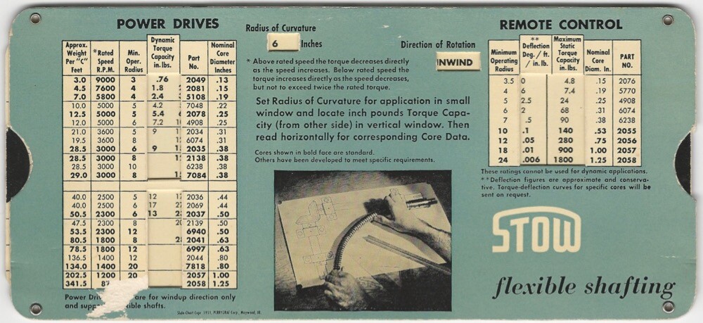 Stow Flexible Shafting Torque Calculator Card 1950s Technical Engineering Tool
