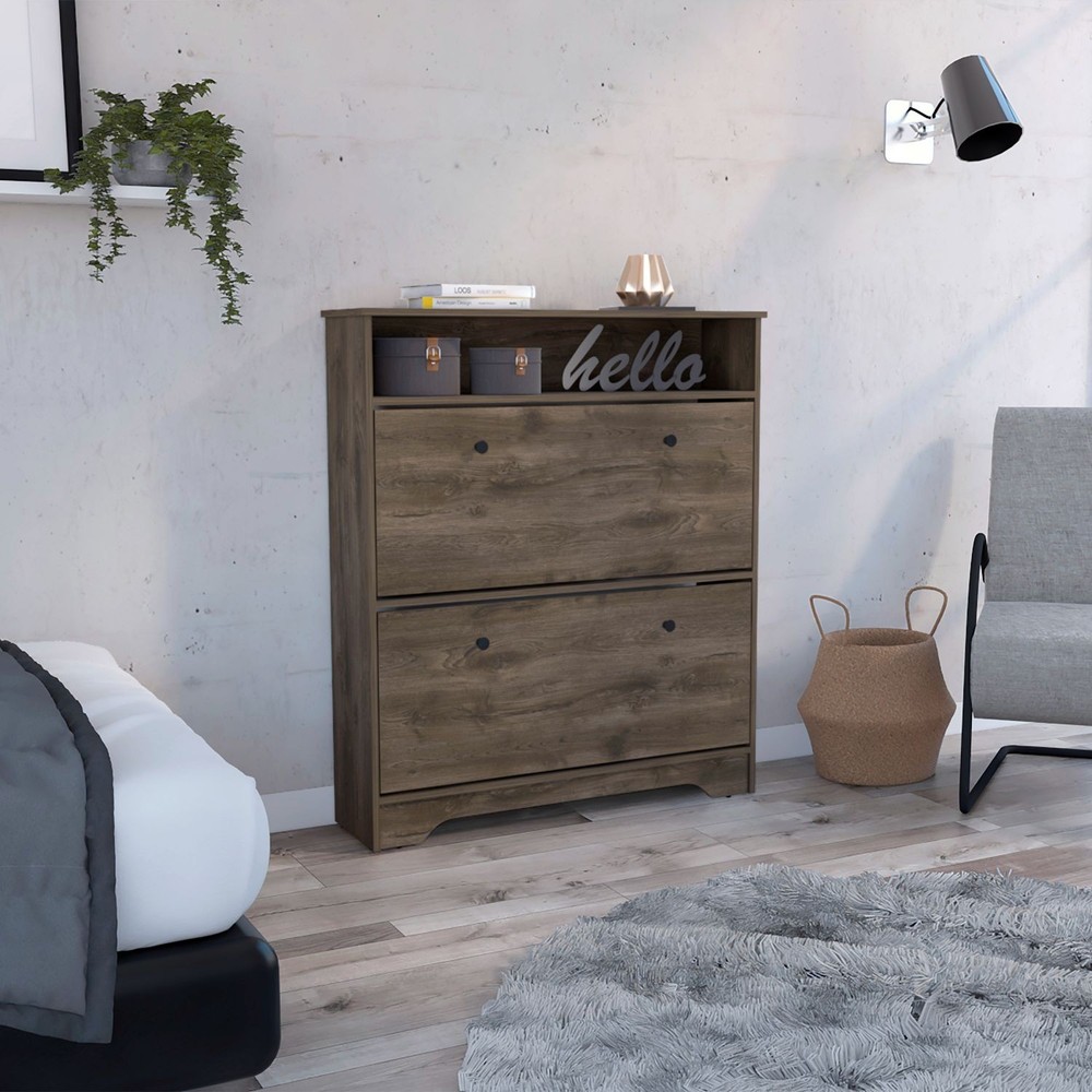 Shoe Rack 46" H, One Open Storage Shelf, Two Internal Storage Drawers