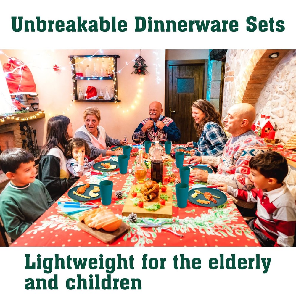 Dark Green Unbreakable Dinnerware Set, Plates & Bowls, Microwave Safe, Durable