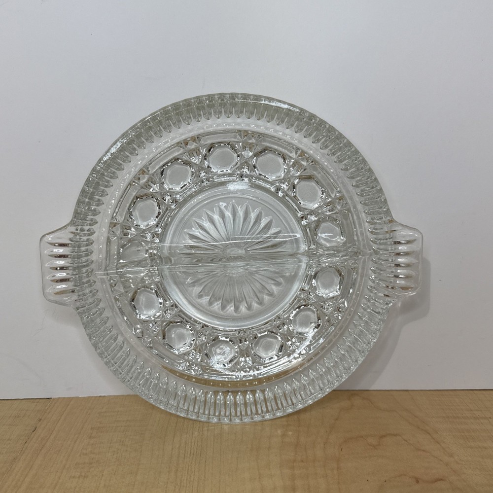 Vintage Glass Divided Serving Dish 7.5in Decorative Pressed Pattern