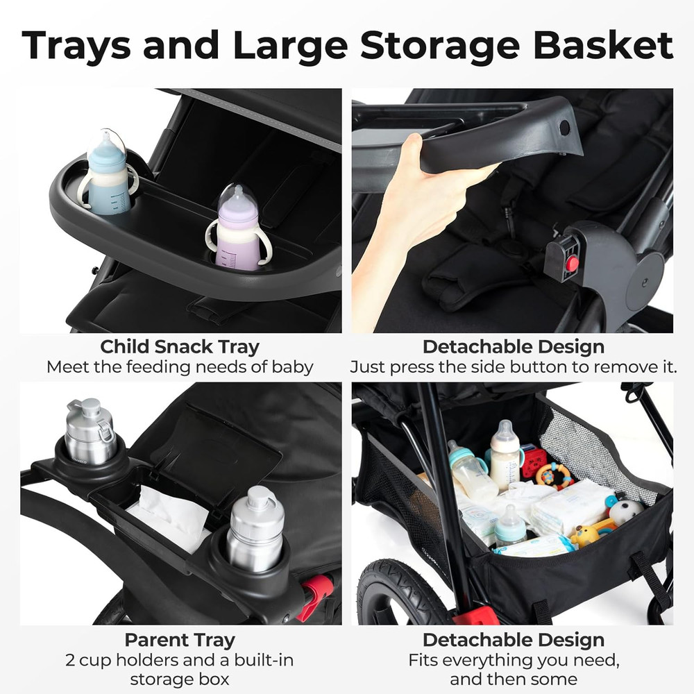 Foldable Jogging Stroller with Air-Filled Tires & Adjustable Backrest