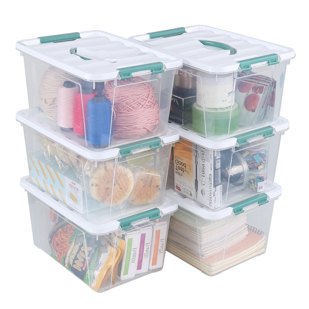 Knifefish 6-Pack Clear Plastic Storage Bins with Green Handle, 14 Quart