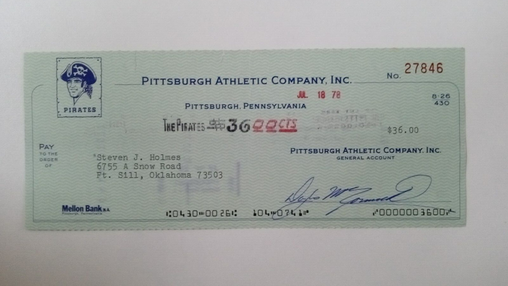 Steven J. Holmes: 1978 Pittsburgh Pirates Expense Check