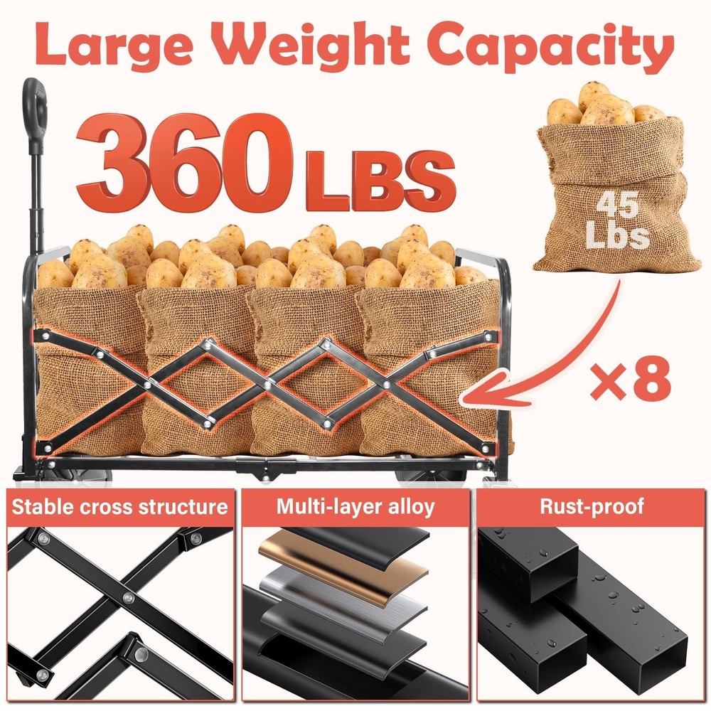 Wagons Carts Foldable, 360 Lbs with Adjustable Handle, Black Lightweight Port...