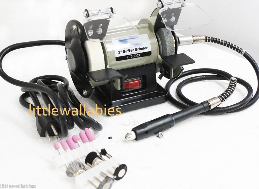 3" Bench Buffer Grinder with Flex Shaft for Rotary Tools and 12pc Sanding Kit