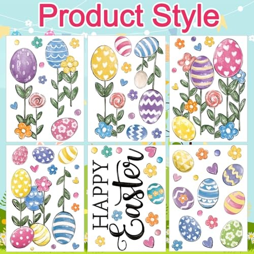 6 Sheets Large Easter Window Clings Happy Easter Eggs Window Eggs with Flower