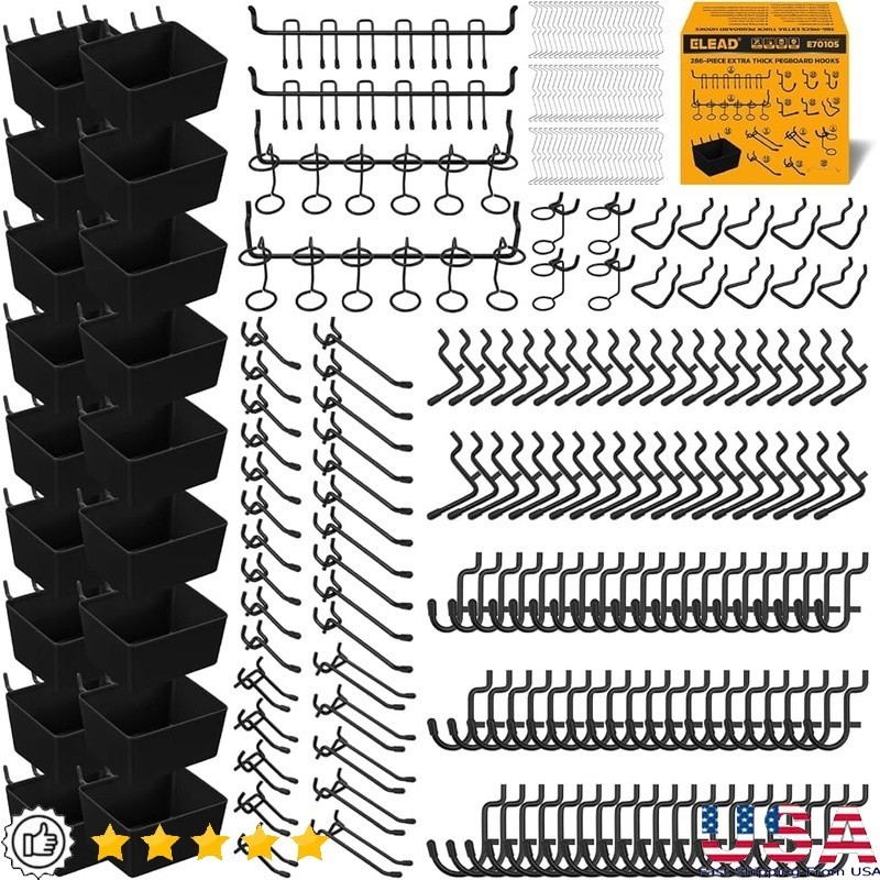 286 Piece Heavy Duty Pegboard Hook & Bin Organizer Set Universal Compatibility