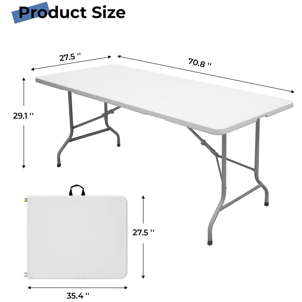 Portable 6FT Foldable Table with Carry Handle, Lightweight Plastic Folding Ta...