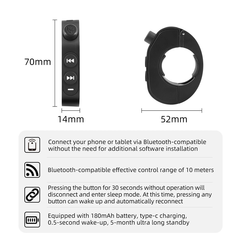 Black Wireless Bluetooth Media Button Remote Controller For Motorcycle Handleb5w