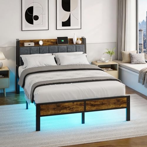 Full Size Bed Frame with Smart LED Light, Wood Storage Charging Station