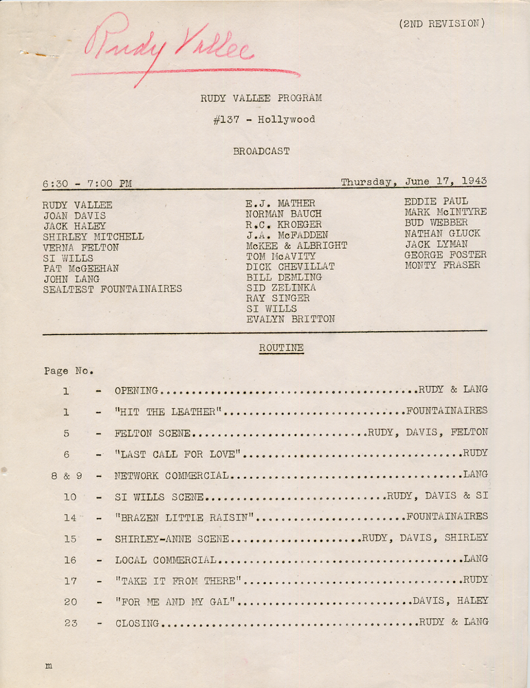 PATRICK McGEEHAN JACK HALEY RUDY VALLEE 1943 RADIO SHOW SCRIPT w SIGNED CHECK