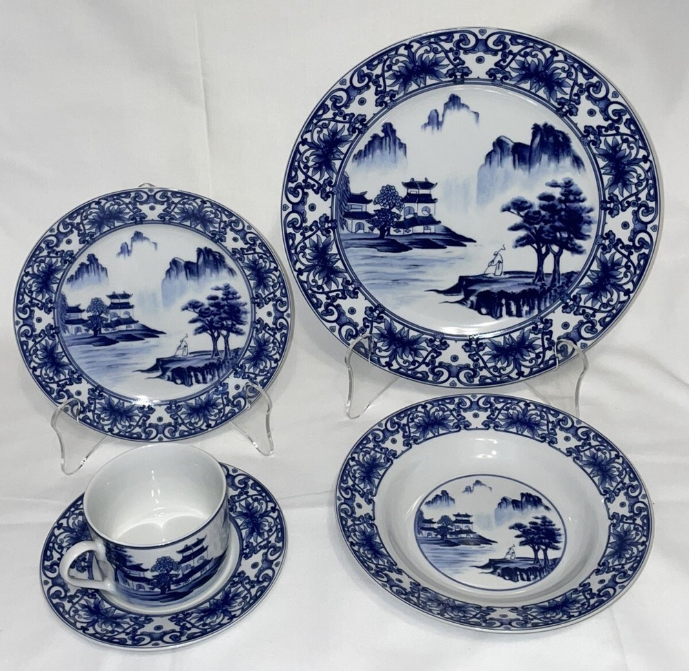 5 Pc China Canton Blue Place Setting Pagoda Mountain View EUC