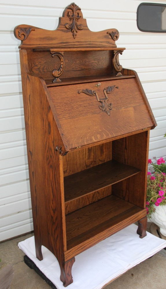 Antique Oak Drop Front Desk w Extra Top Shelf & Applied Leaf Cornucopia Carvings