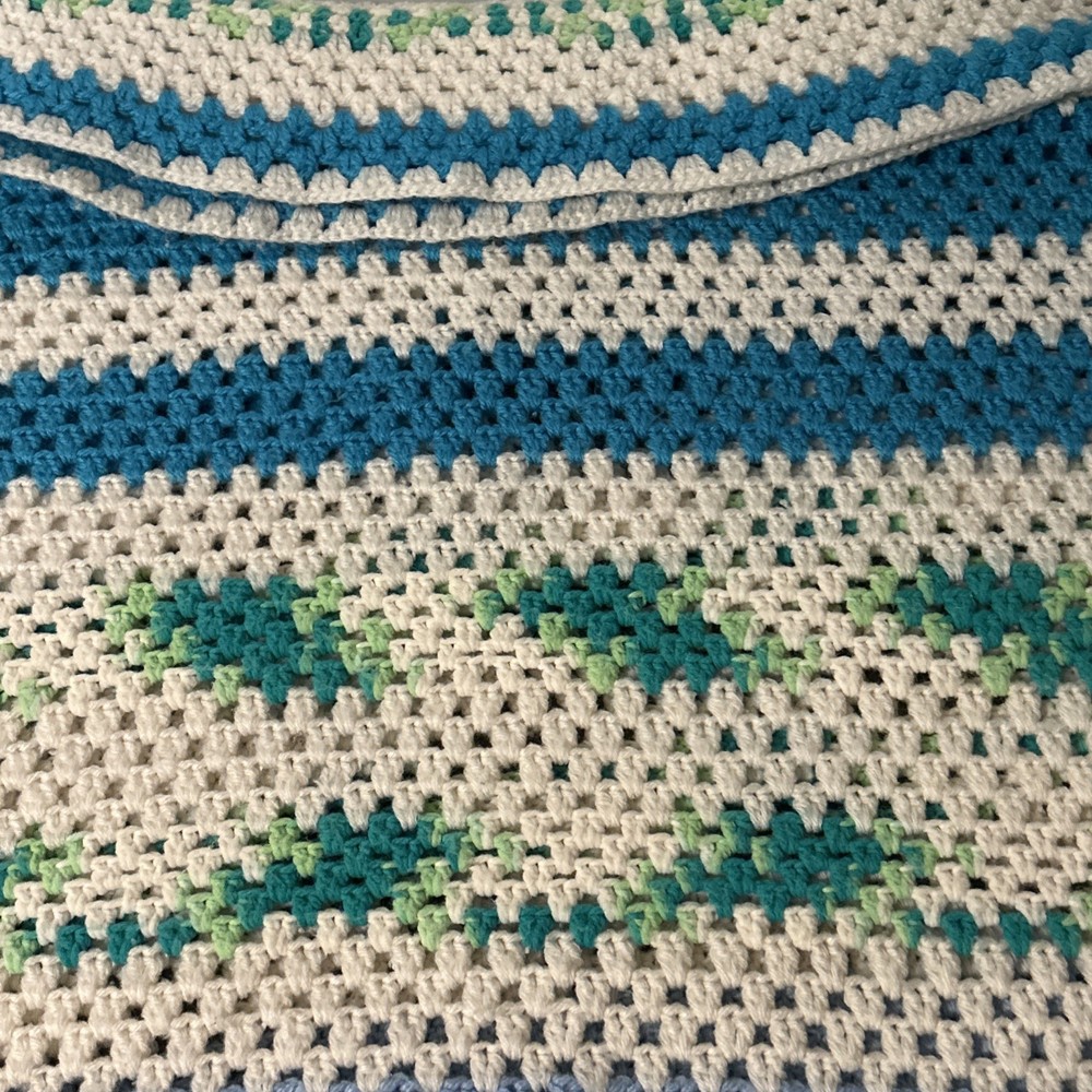 Wool Crochet Blanket Throw Handmade Blue White Green Pattern 150cm X 160cm