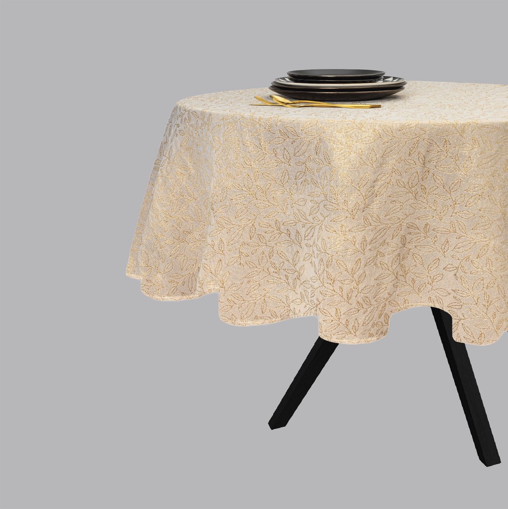 70" Round Tablecloth, Cream and Gold Leaf