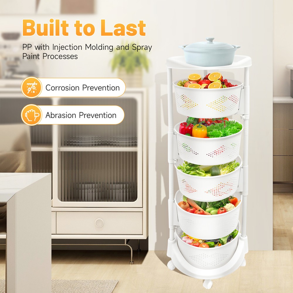 5-Tier Rotating Storage Shelf Kitchen Fruit Storage Basket Rack w/ Wheel