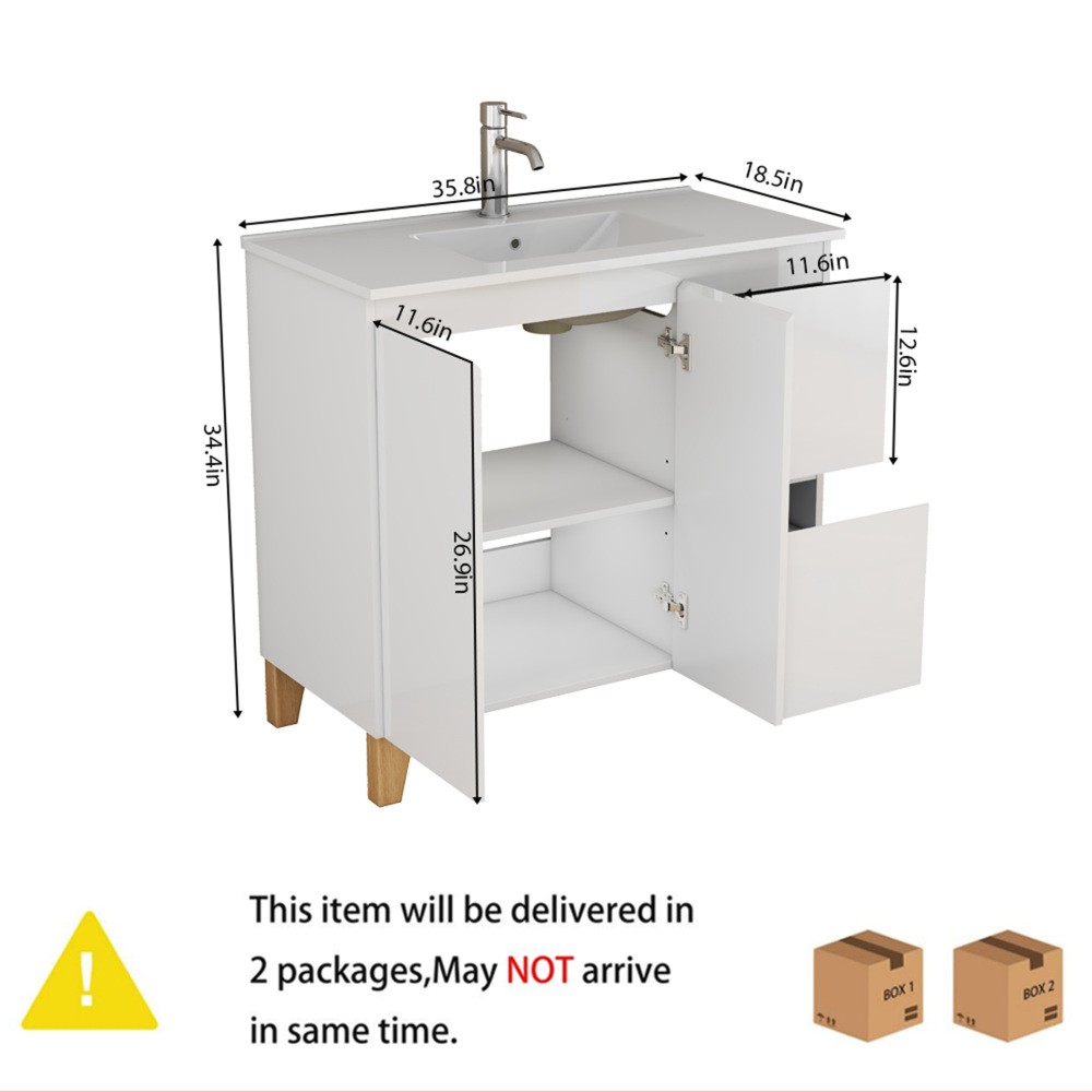 Bathroom cabinet with sink, double doors, and two drawers