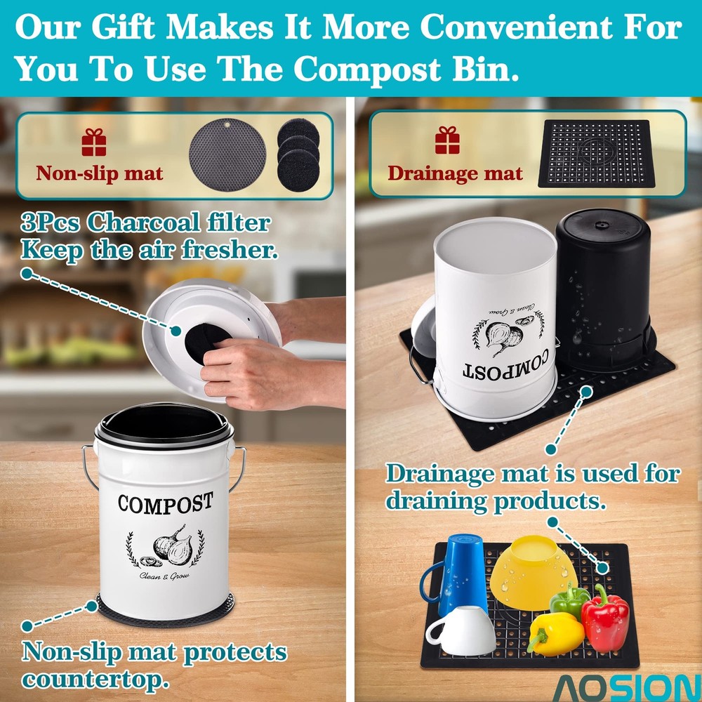 Countertop Compost Bin Kitchen,Odorless Indoor Compost Bin with Lid and Compo...