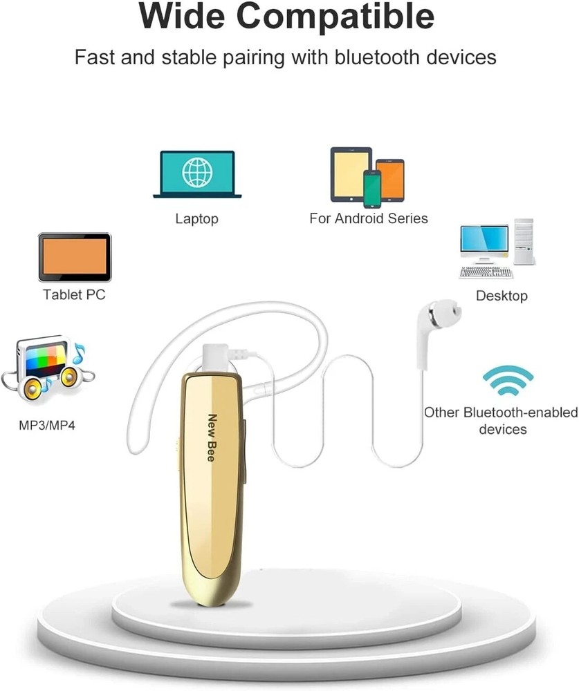 New Bee Bluetooth Headset Two Device Connection Handsfree driving Headset, Gold