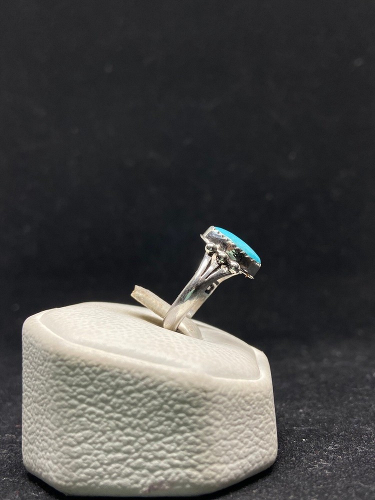 Handmade Navajo sleeping beauty turquoise sterling silver feather ring size 6
