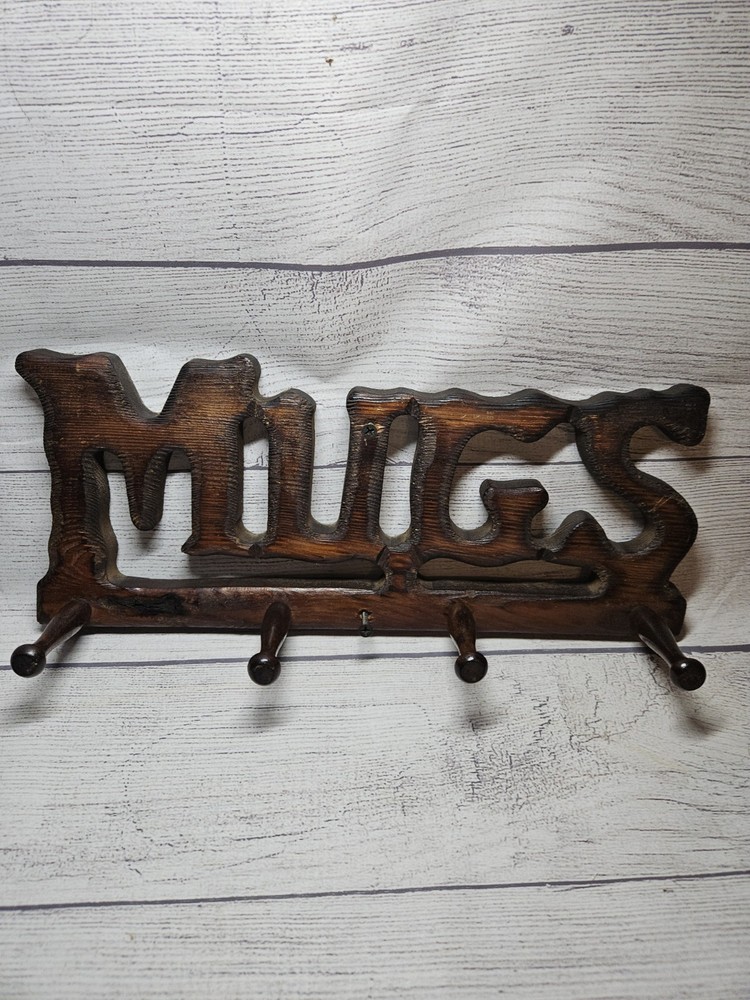 VTG Wooden "Mugs" Peg Wall Rack Mug Cup Holder-Kitchen Sign Decor-14.25” x 6"