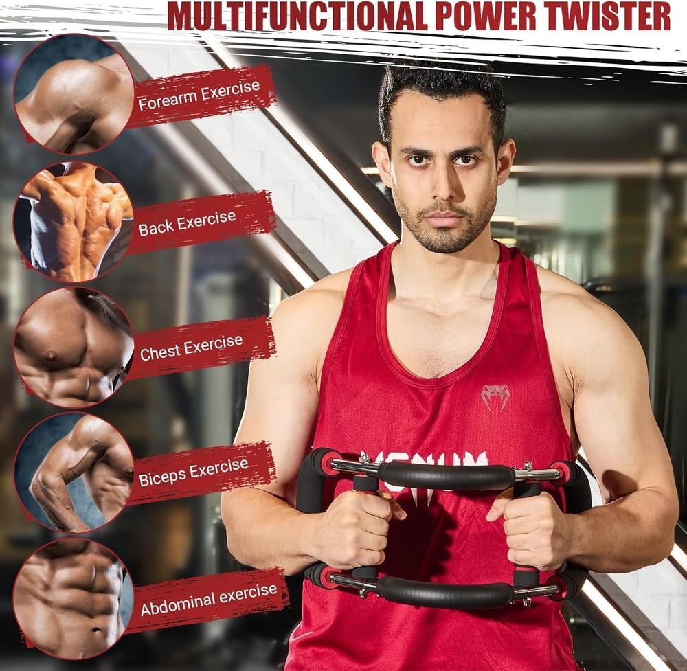 Adjustable twisting arm trainer for chest exercises.