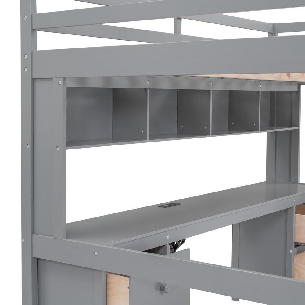 New Practical Modern Full Size Loft Bed with Desk Cabinets Bedside Tray Charging