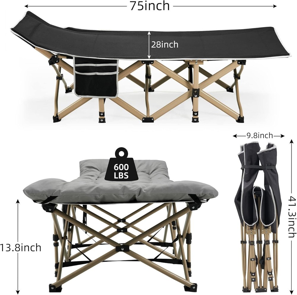 Portable Camping Cot 600LBS Max Load Extra Wide W/ Thick Mattress Folding Cot