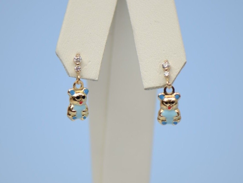 14K Solid Yellow Gold Teddy Bear Dangle Earring with Enamel