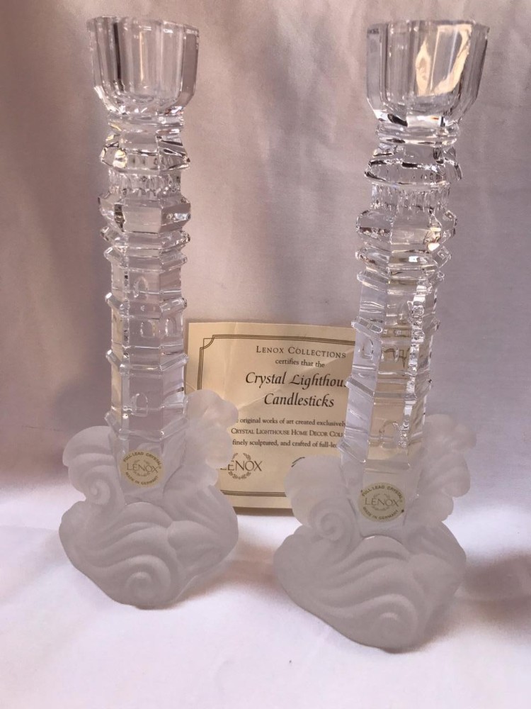 Lenox Crystal Lighthouse Candlestick Pair New In Box