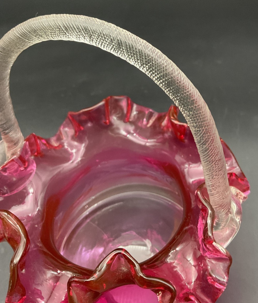 Handblown Ruffled Cranberry Basket with Textured Handle