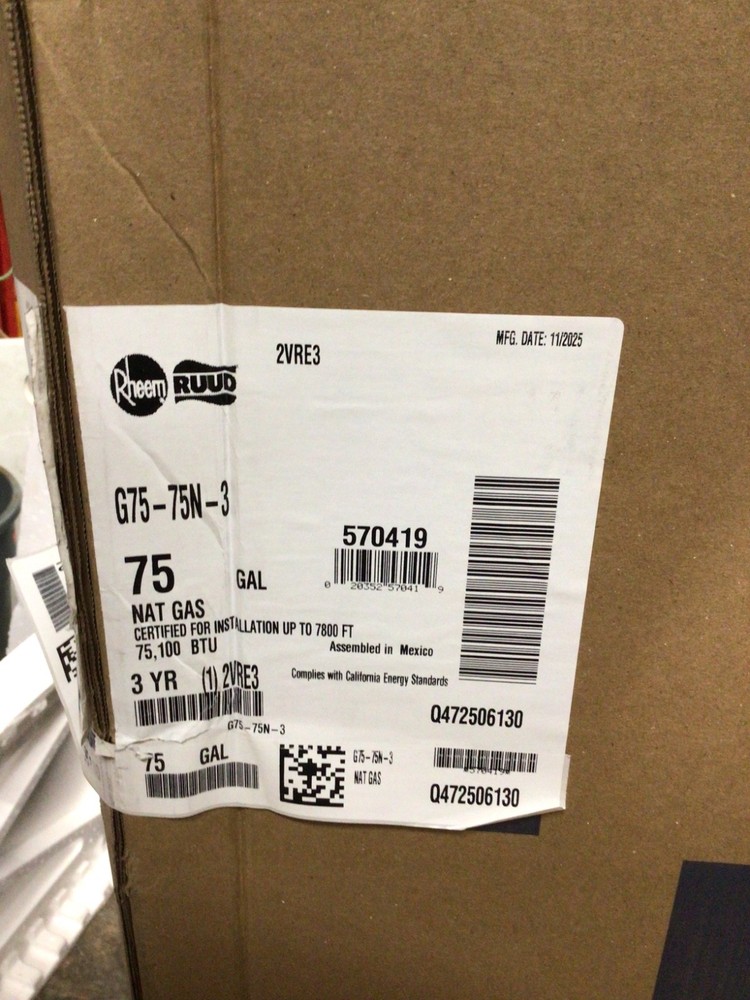 RHEEM Rudd G75-75N-3 75 Gallon Commercial Gas Water Heater 75K Natural Gas NEW
