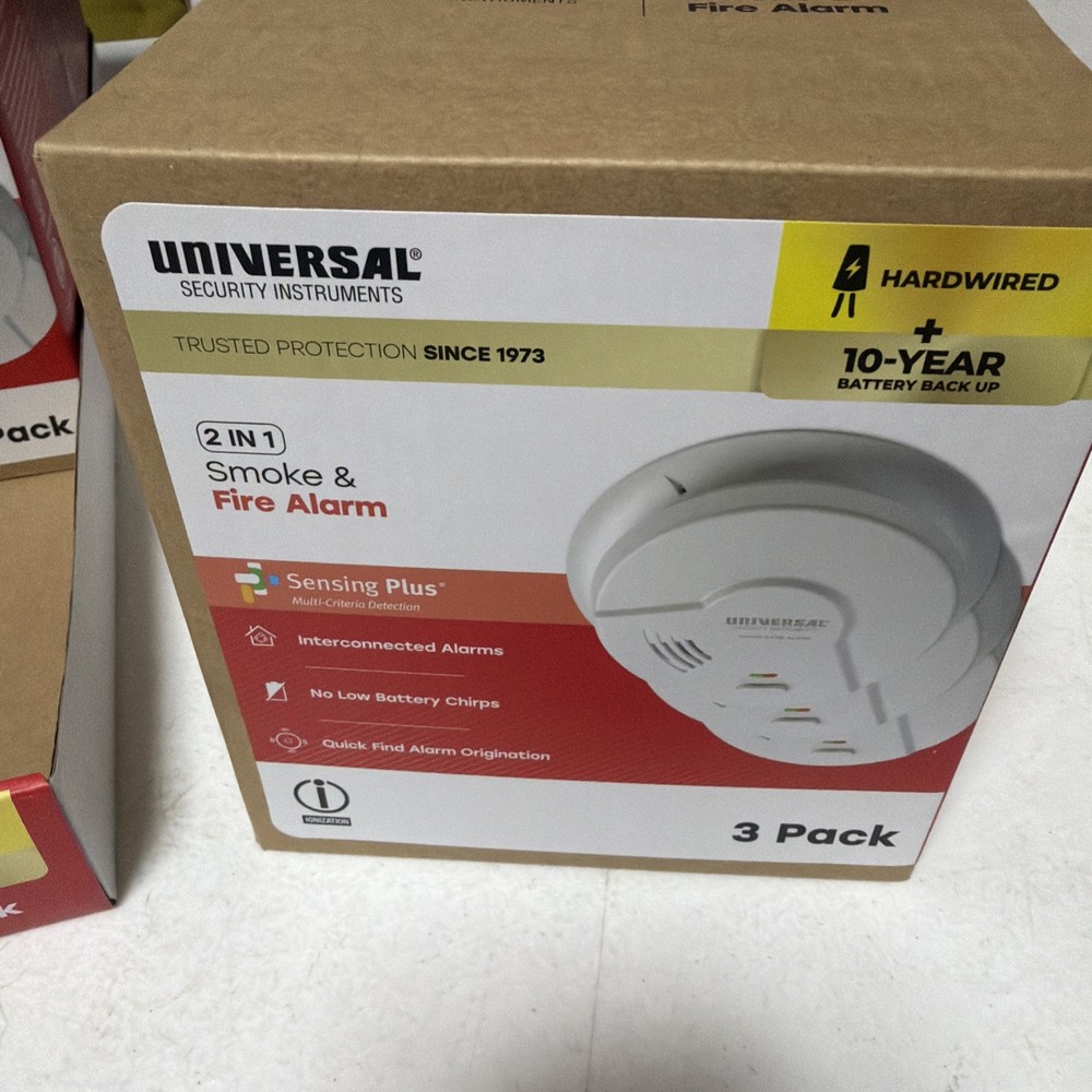 3x Universal Security (3-Pack) Hardwired & 10-Year Battery Fire & Smoke Detector