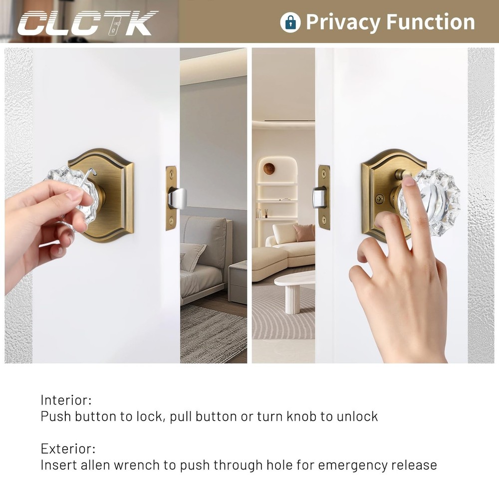 Glass Door Knobs Interior, Vintage Style Privacy Crystal Door Knobs with Lock...