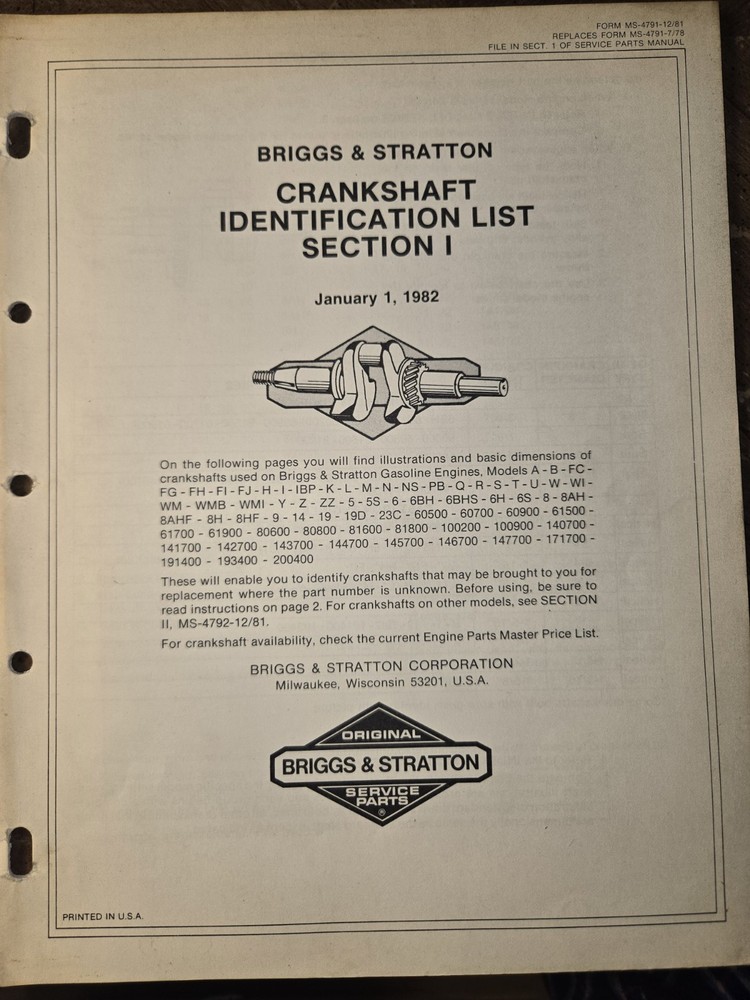 BRIGGS & STRATTON CRANKSHAFT IDENTIFICATION LIST SECTIONS 1&2 1982
