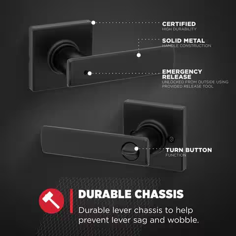 Breton Square Matte Black Bed/Bath Door Handle Featuring Microban with Lock