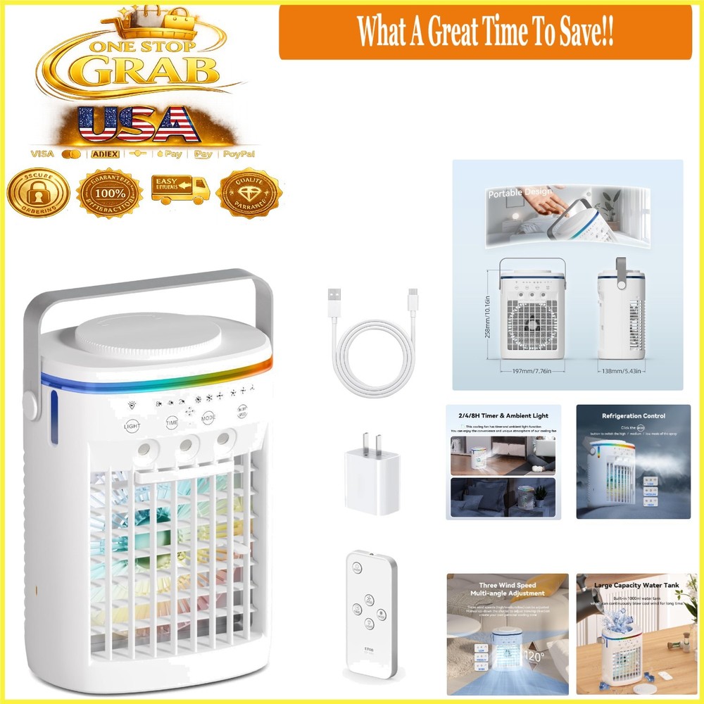 Portable Air Conditioner Fan with Remote 3 Speeds 3 Modes 1000ml Humidifier